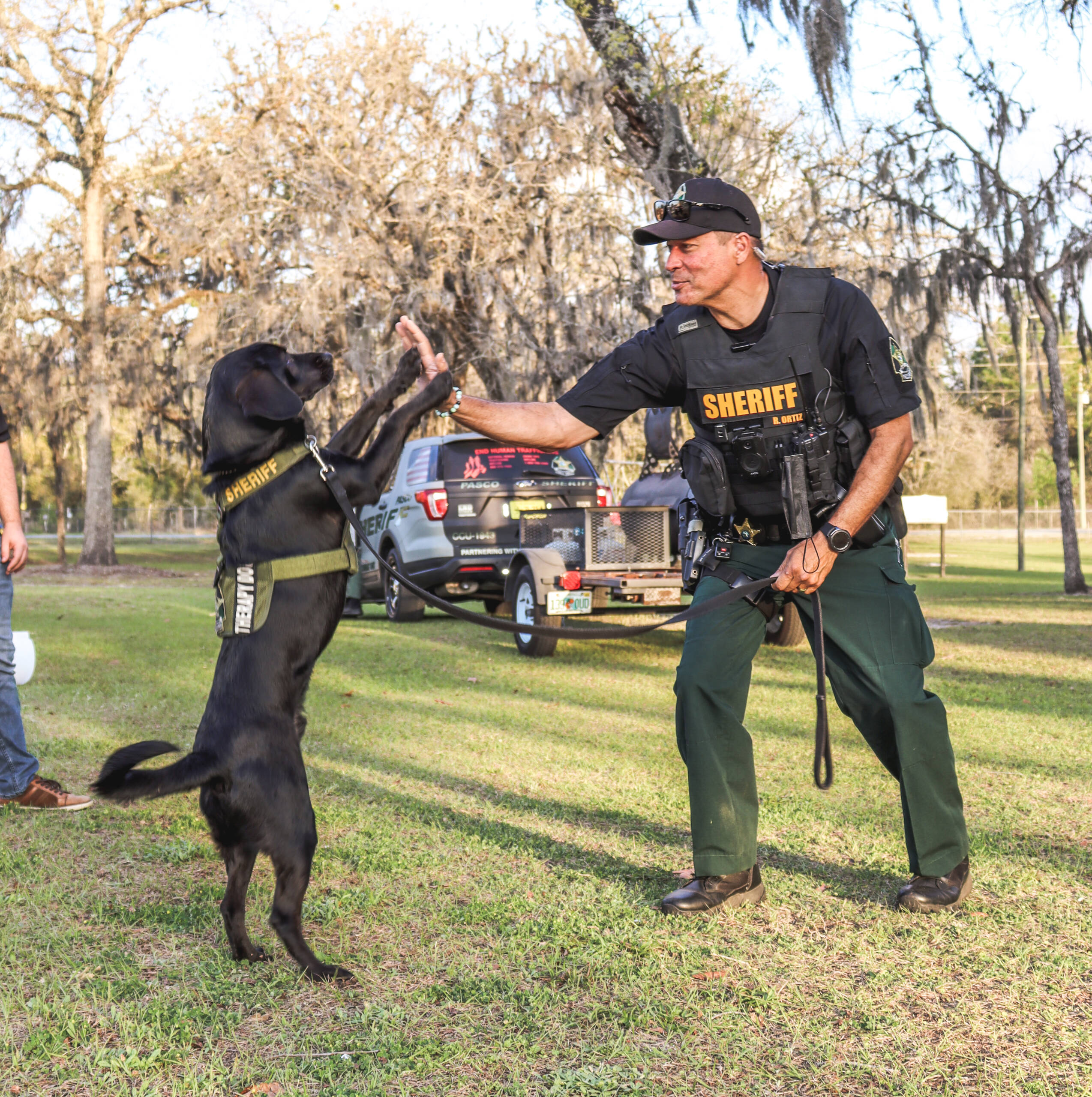 Sheriff giving a dog a high five