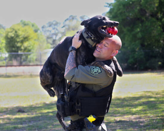 Sheriff holding a dog